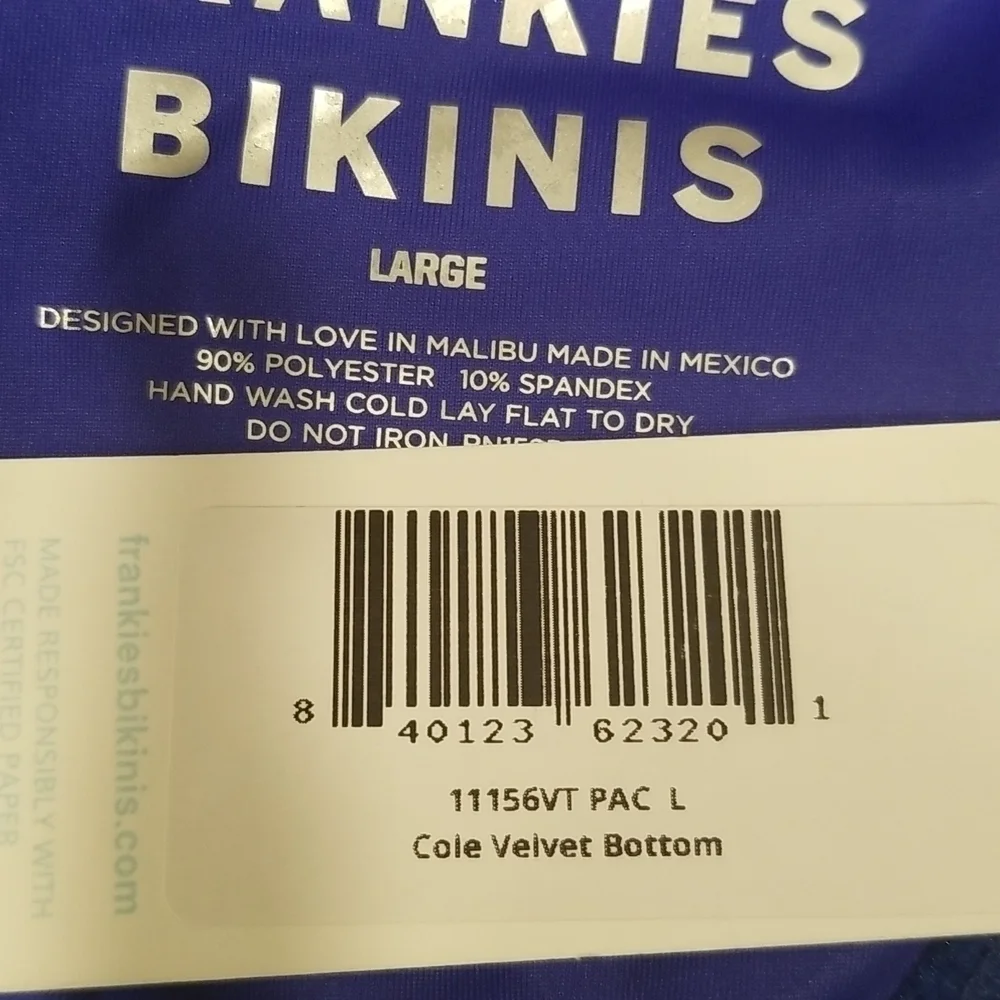 💕FRANKIE'S💕 Cole Velvet Bikini (Scoop Top + Cheeky Bottom) Pacific Blue L NWT